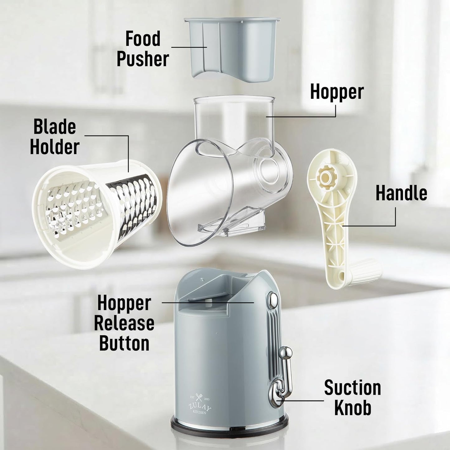 Rotary Cheese Grater 5 Blade Cheese Shredder - Manual Hand Crank Cheese Grater With Reinforced Suction & 5 Interchangeable Drums - Easy to Use, Vegetable Chopper Round Mandoline Slicer - Colors A