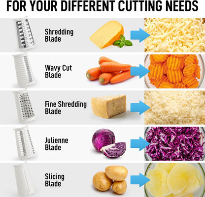Rotary Cheese Grater 5 Blade Cheese Shredder - Manual Hand Crank Cheese Grater With Reinforced Suction & 5 Interchangeable Drums - Easy to Use, Vegetable Chopper Round Mandoline Slicer - Colors A