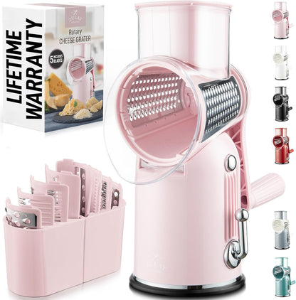 Rotary Cheese Grater 5 Blade Cheese Shredder - Manual Hand Crank Cheese Grater With Reinforced Suction & 5 Interchangeable Drums - Easy to Use, Vegetable Chopper Round Mandoline Slicer - Colors A