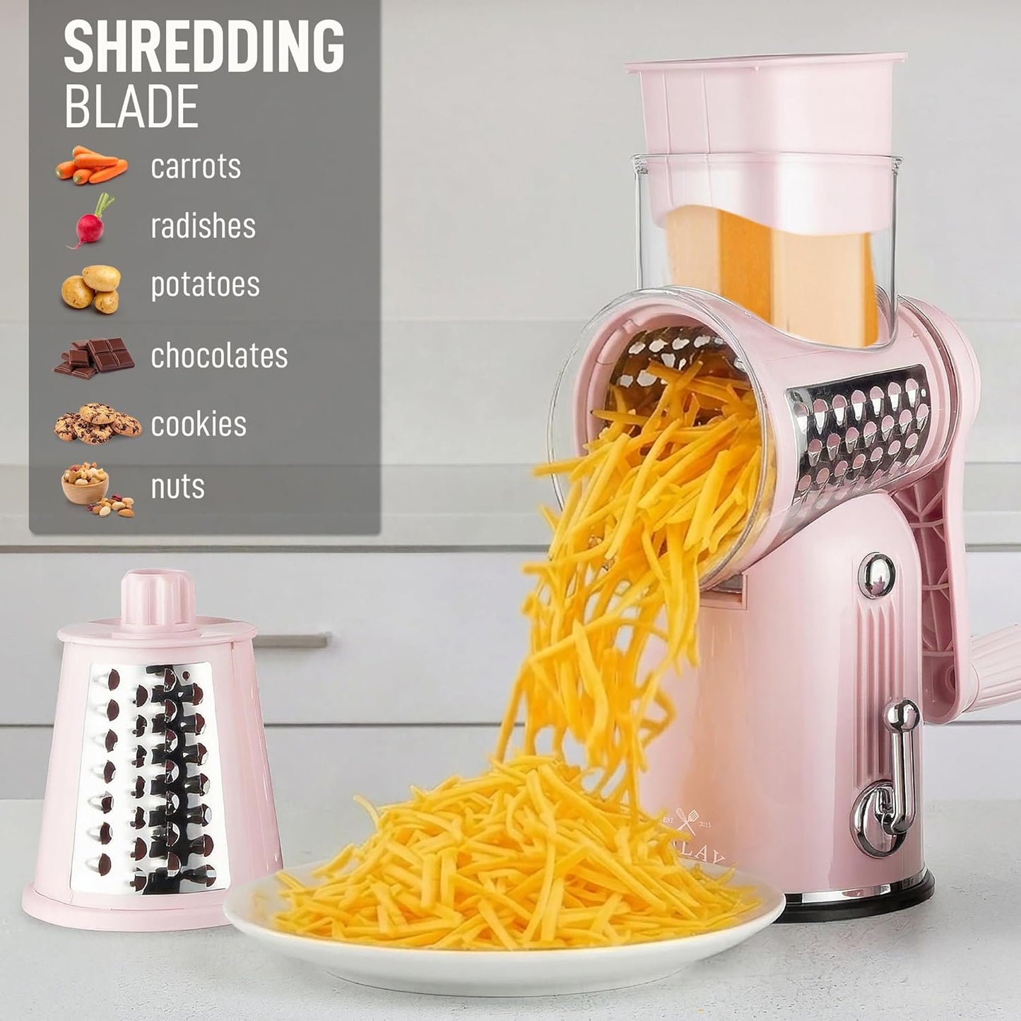 Rotary Cheese Grater 5 Blade Cheese Shredder - Manual Hand Crank Cheese Grater With Reinforced Suction & 5 Interchangeable Drums - Easy to Use, Vegetable Chopper Round Mandoline Slicer - Colors A