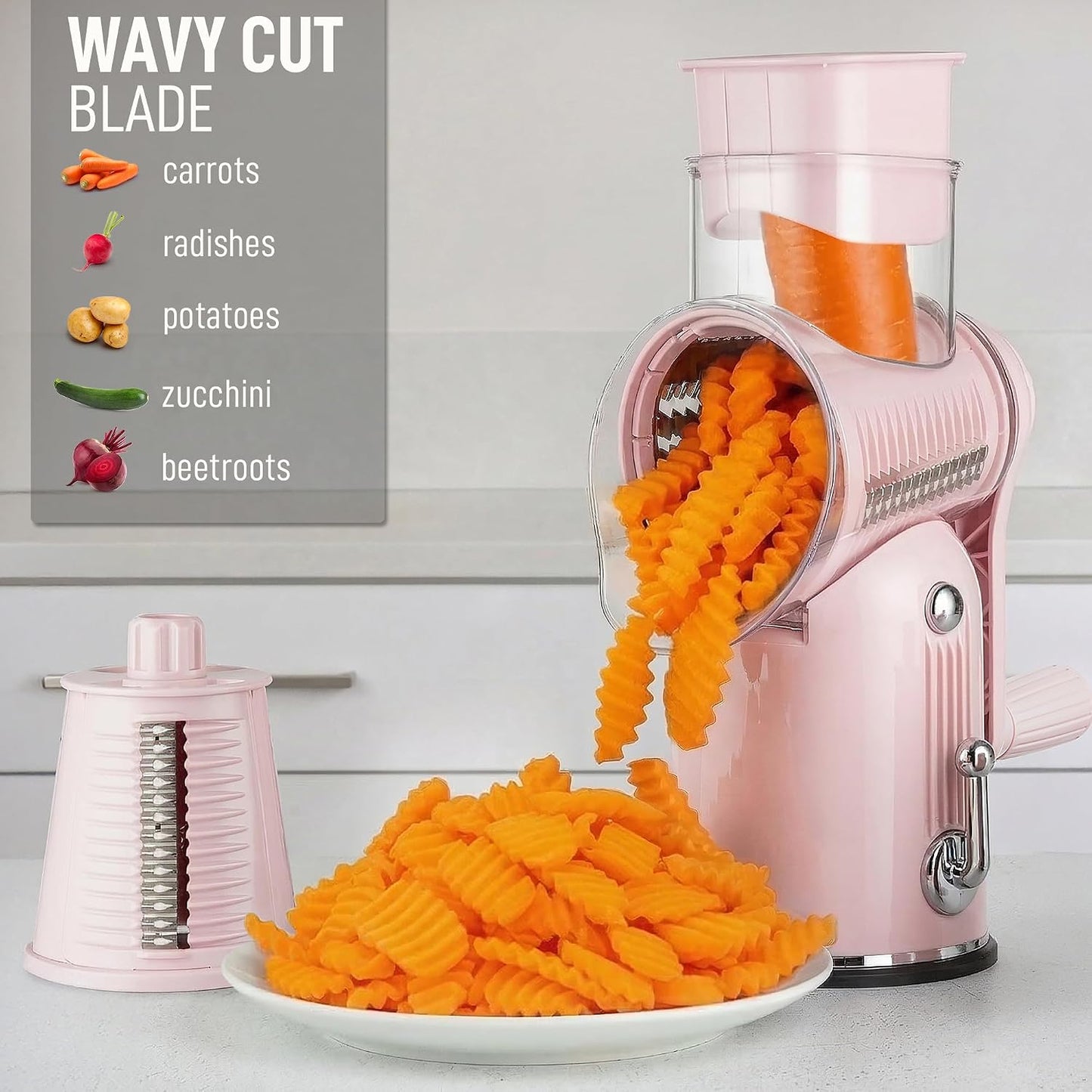 Rotary Cheese Grater 5 Blade Cheese Shredder - Manual Hand Crank Cheese Grater With Reinforced Suction & 5 Interchangeable Drums - Easy to Use, Vegetable Chopper Round Mandoline Slicer - Colors A