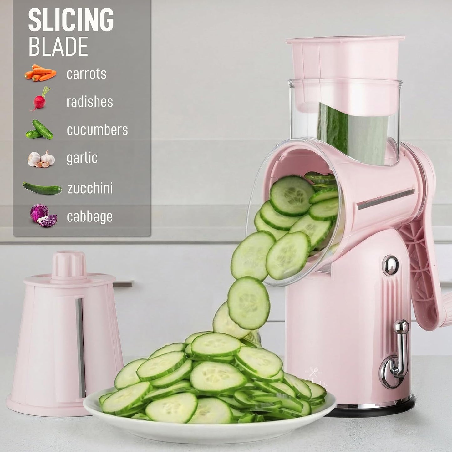 Rotary Cheese Grater 5 Blade Cheese Shredder - Manual Hand Crank Cheese Grater With Reinforced Suction & 5 Interchangeable Drums - Easy to Use, Vegetable Chopper Round Mandoline Slicer - Colors A