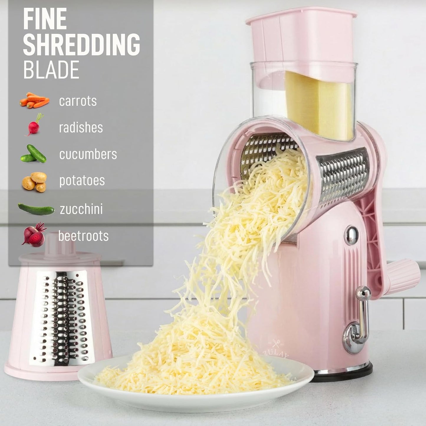 Rotary Cheese Grater 5 Blade Cheese Shredder - Manual Hand Crank Cheese Grater With Reinforced Suction & 5 Interchangeable Drums - Easy to Use, Vegetable Chopper Round Mandoline Slicer - Colors A