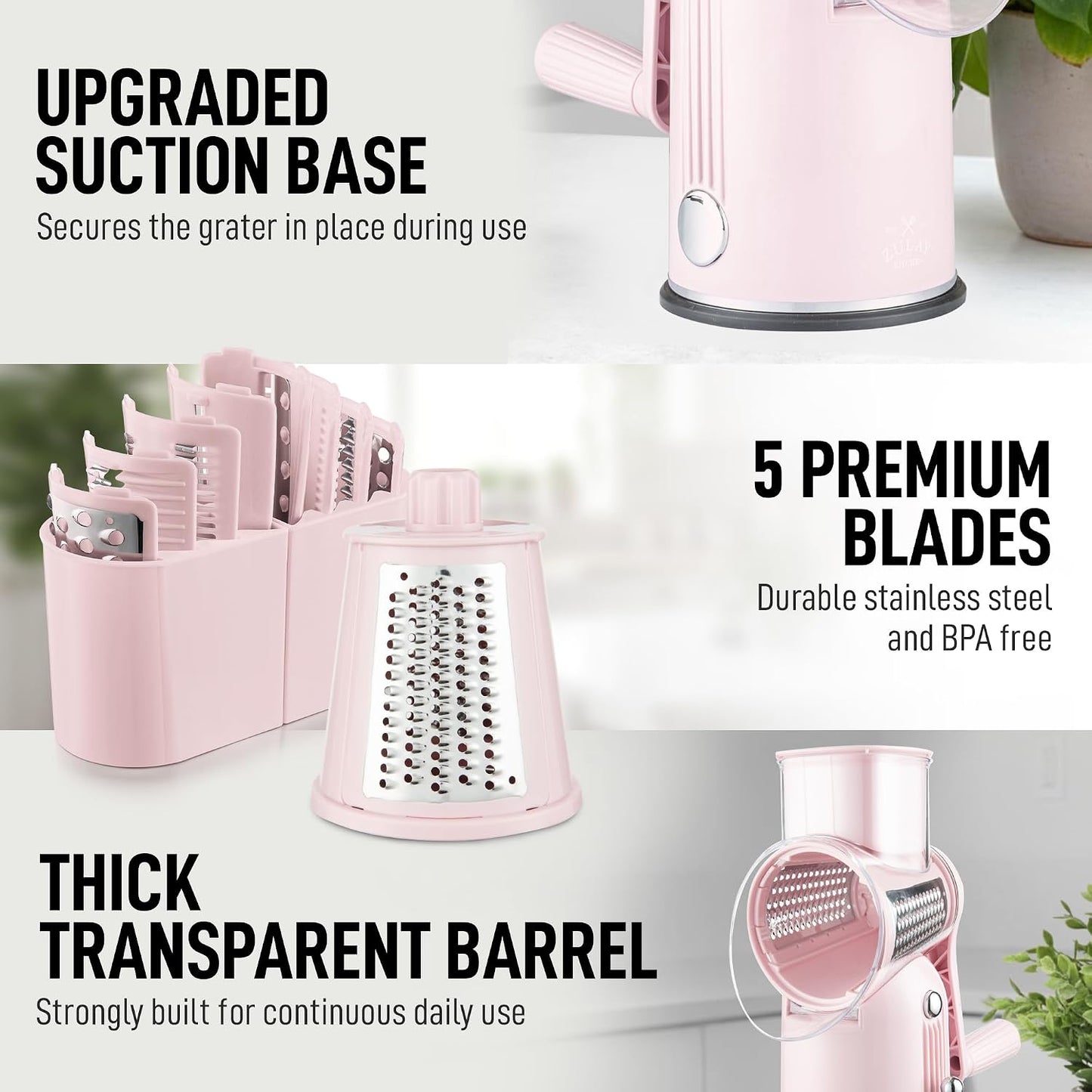 Rotary Cheese Grater 5 Blade Cheese Shredder - Manual Hand Crank Cheese Grater With Reinforced Suction & 5 Interchangeable Drums - Easy to Use, Vegetable Chopper Round Mandoline Slicer - Colors A