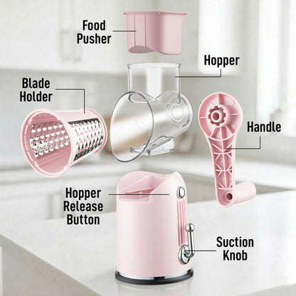 Rotary Cheese Grater 5 Blade Cheese Shredder - Manual Hand Crank Cheese Grater With Reinforced Suction & 5 Interchangeable Drums - Easy to Use, Vegetable Chopper Round Mandoline Slicer - Colors A