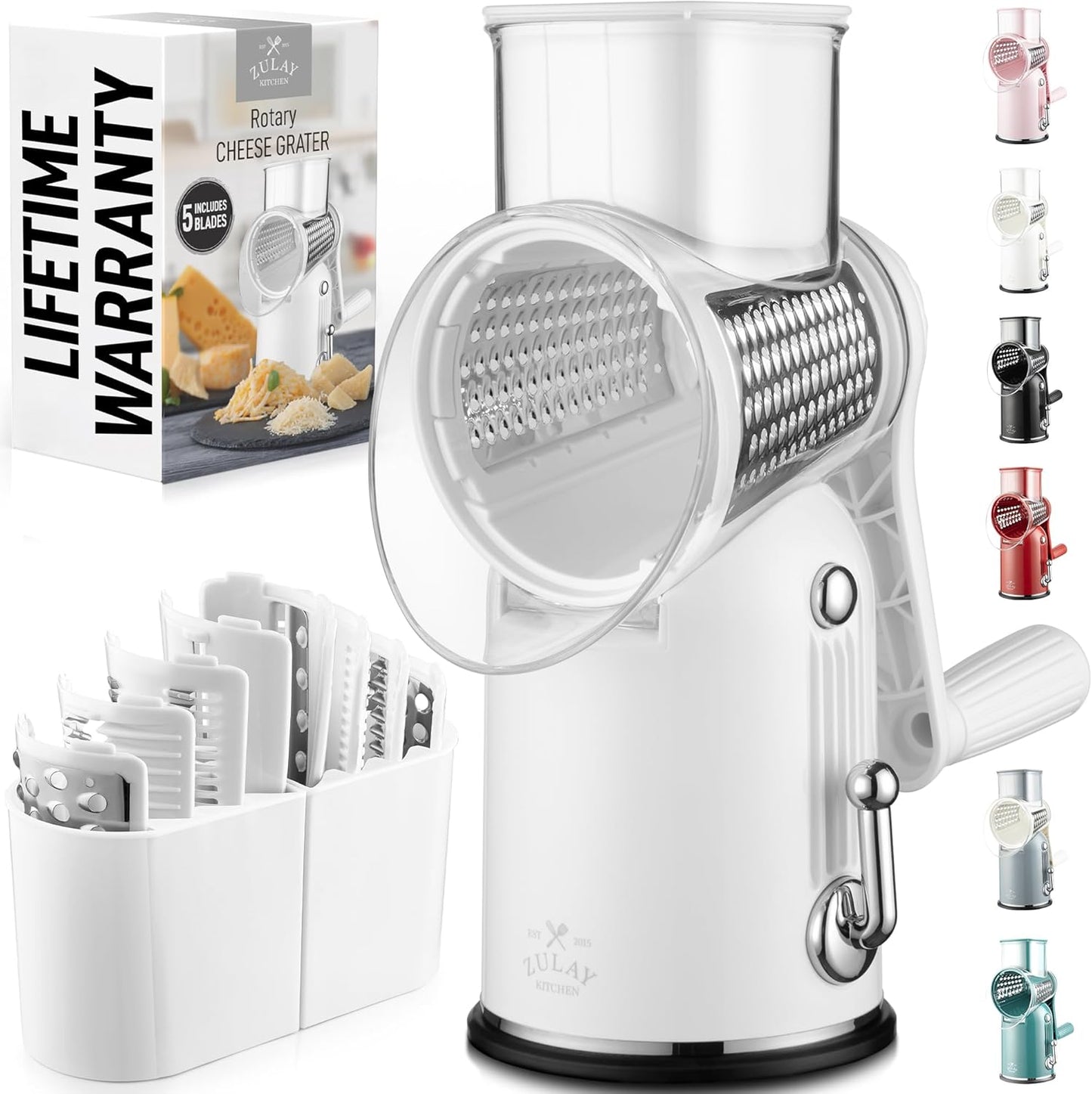 Rotary Cheese Grater 5 Blade Cheese Shredder - Manual Hand Crank Cheese Grater With Reinforced Suction & 5 Interchangeable Drums - Easy to Use, Vegetable Chopper Round Mandoline Slicer - Colors A