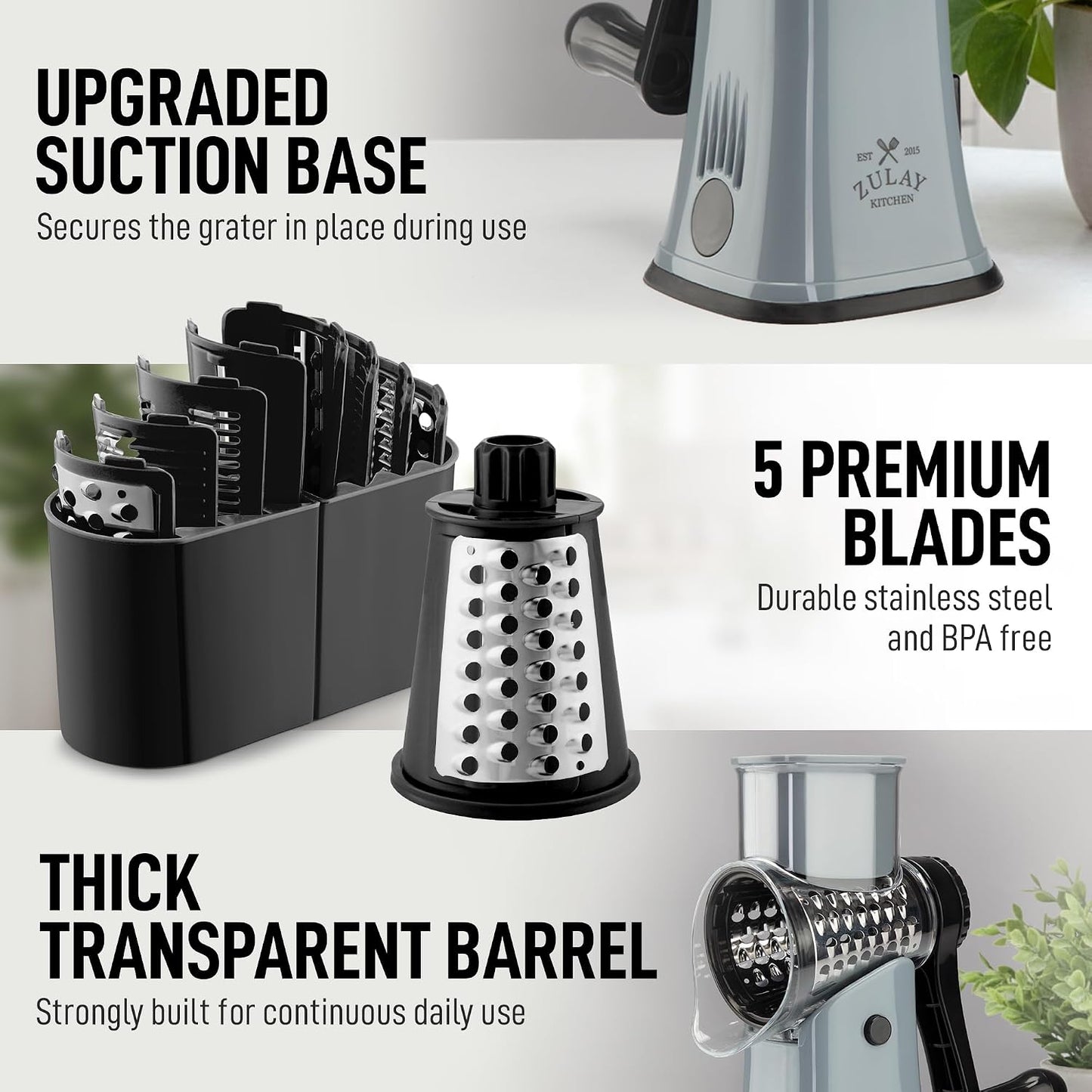 Rotary Cheese Grater 5 Blade Cheese Shredder - Manual Hand Crank Cheese Grater With Reinforced Suction & 5 Interchangeable Drums - Easy to Use, Vegetable Chopper Round Mandoline Slicer - Colors A