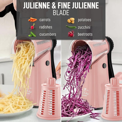 Rotary Cheese Grater 5 Blade Cheese Shredder - Manual Hand Crank Cheese Grater With Reinforced Suction & 5 Interchangeable Drums - Easy to Use, Vegetable Chopper Round Mandoline Slicer - Colors A