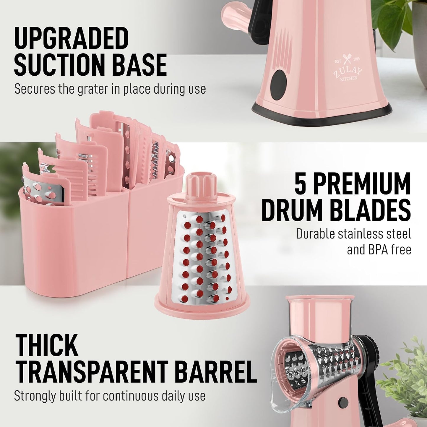 Rotary Cheese Grater 5 Blade Cheese Shredder - Manual Hand Crank Cheese Grater With Reinforced Suction & 5 Interchangeable Drums - Easy to Use, Vegetable Chopper Round Mandoline Slicer - Colors A