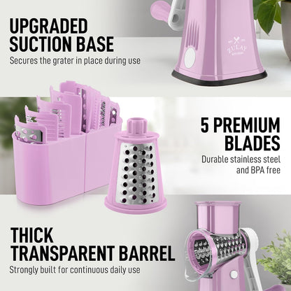 Rotary Cheese Grater 5 Blade Cheese Shredder - Manual Hand Crank Cheese Grater With Reinforced Suction & 5 Interchangeable Drums - Easy to Use, Vegetable Chopper Round Mandoline Slicer - Colors A