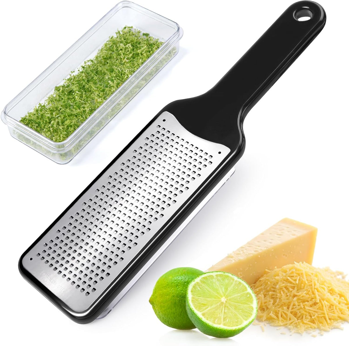 Citrus Lemon Zester & Cheese Grater with Container - Zester Grater with Handle for Parmesan Cheese, Ginger, Garlic, Nutmeg, Chocolate, Fruits, with Anti-Slip Base, Dishwasher Safe