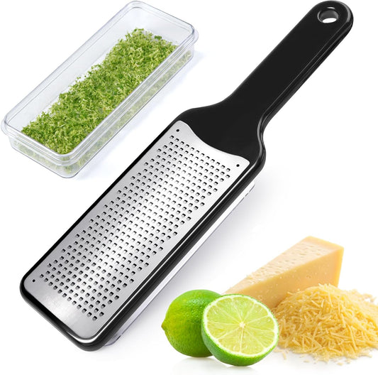 Citrus Lemon Zester & Cheese Grater with Container - Zester Grater with Handle for Parmesan Cheese, Ginger, Garlic, Nutmeg, Chocolate, Fruits, with Anti-Slip Base, Dishwasher Safe