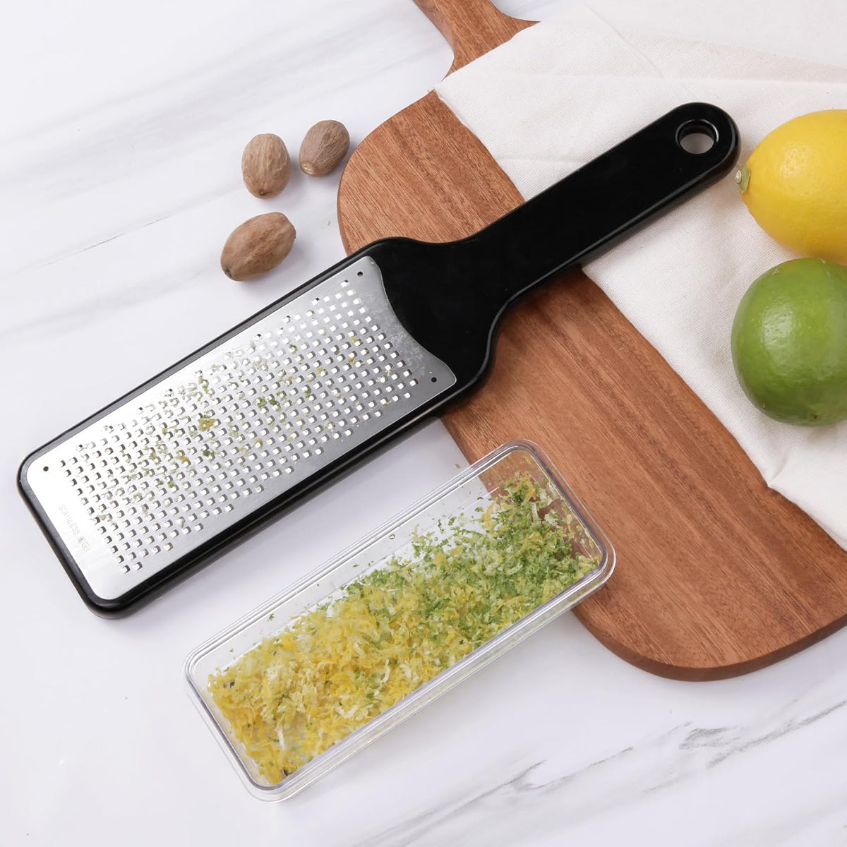 Citrus Lemon Zester & Cheese Grater with Container - Zester Grater with Handle for Parmesan Cheese, Ginger, Garlic, Nutmeg, Chocolate, Fruits, with Anti-Slip Base, Dishwasher Safe