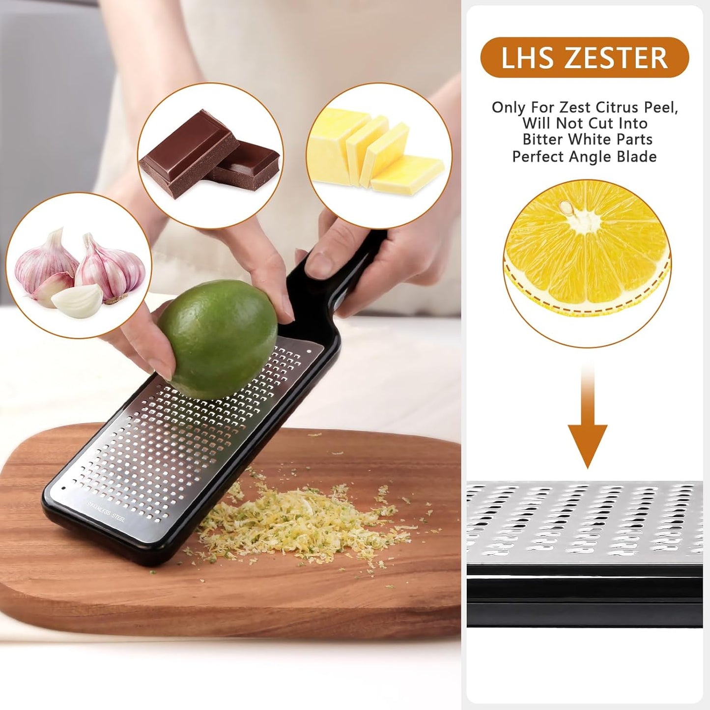 Citrus Lemon Zester & Cheese Grater with Container - Zester Grater with Handle for Parmesan Cheese, Ginger, Garlic, Nutmeg, Chocolate, Fruits, with Anti-Slip Base, Dishwasher Safe