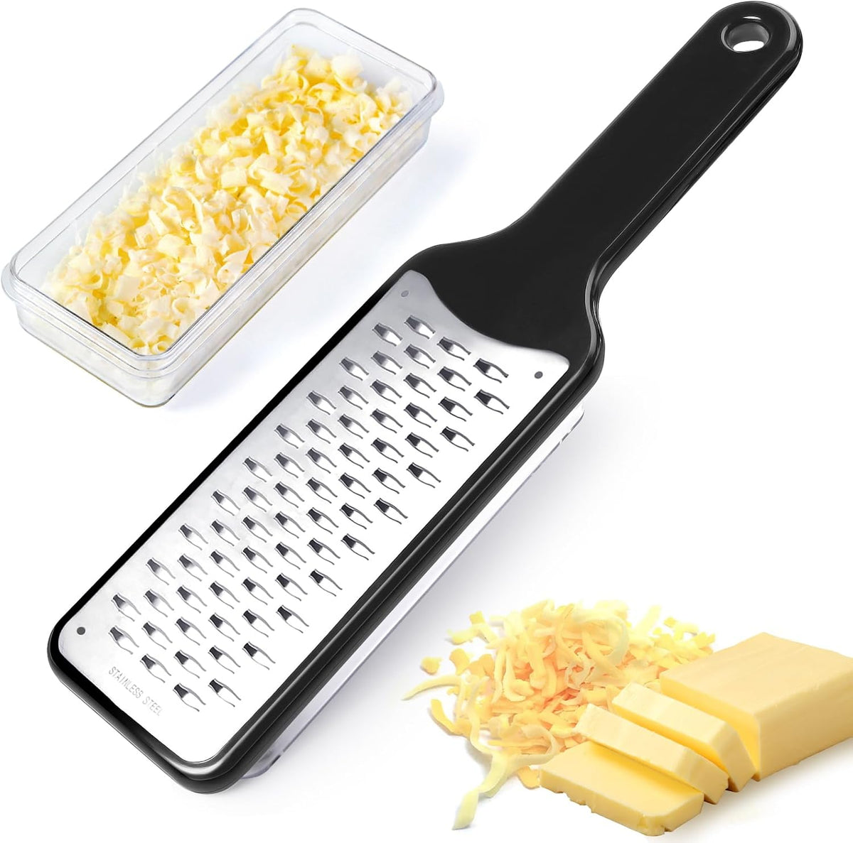 Citrus Lemon Zester & Cheese Grater with Container - Zester Grater with Handle for Parmesan Cheese, Ginger, Garlic, Nutmeg, Chocolate, Fruits, with Anti-Slip Base, Dishwasher Safe