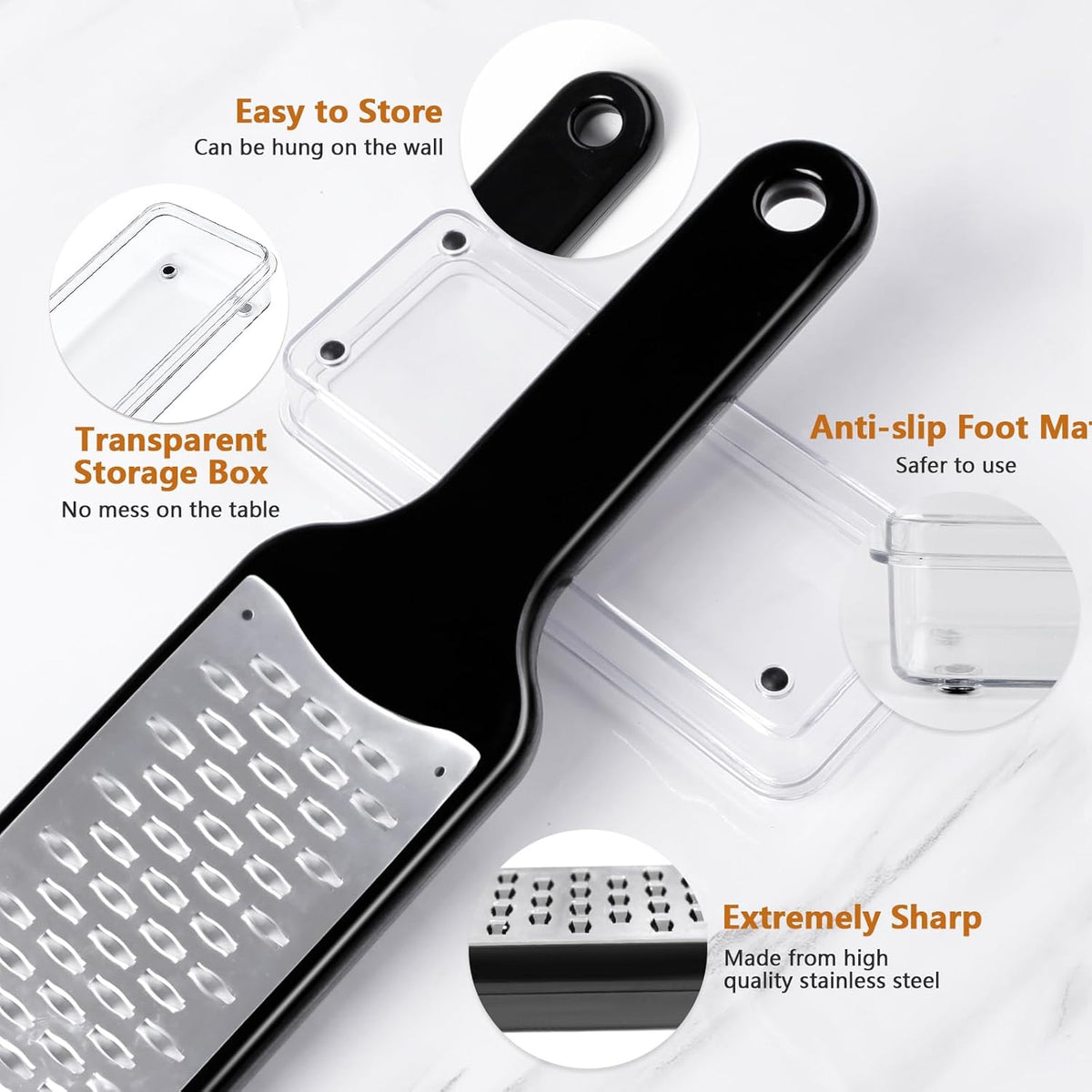 Citrus Lemon Zester & Cheese Grater with Container - Zester Grater with Handle for Parmesan Cheese, Ginger, Garlic, Nutmeg, Chocolate, Fruits, with Anti-Slip Base, Dishwasher Safe