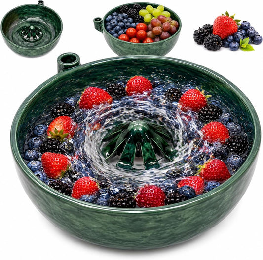Ceramic Berry Bowl with Drain Holes, Self Spinning Berry Washer Bowl & Fruit Rinse Bowl for Strawberries, Blueberries, Grapes, Ceramic Berry Bowl Colander with Saucer for Kitchen