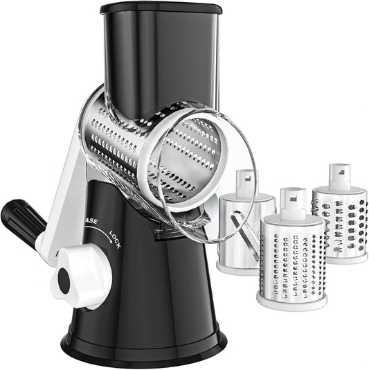 Cheese Grater Hand Crank, Rotary Vegetable Shredder with Handle and Strong Suction base, 3 in 1 Kitchen Speed Spin Veggie Slicer Nut Grinder for Pizza Top, Hash brown, Salad and More (Black)