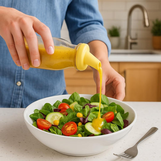 Salad Dressing Shaker Bottle – 12oz Carafe Glass Bottle with Silicone Pour Spout and Tamper-Proof Lid for Sauces and Marinades - Salad Dressing Dispenser Container