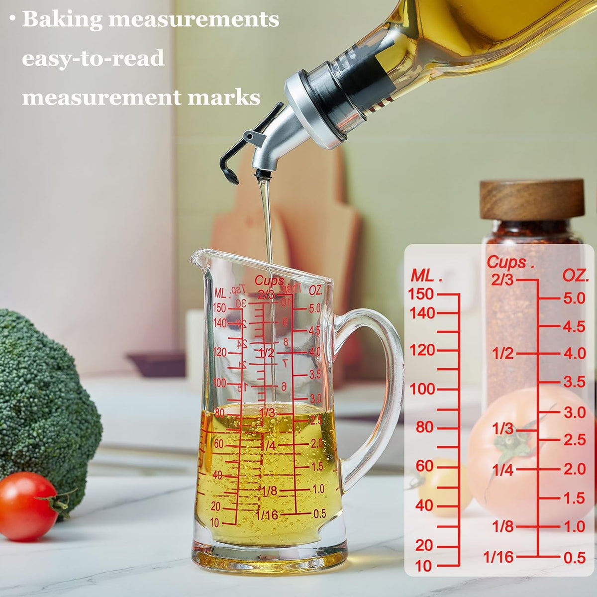 Ackers Glass Measuring Cup 5 Oz/150ml Shot Glass Measuring Cup with V-Spout,Insulated handle