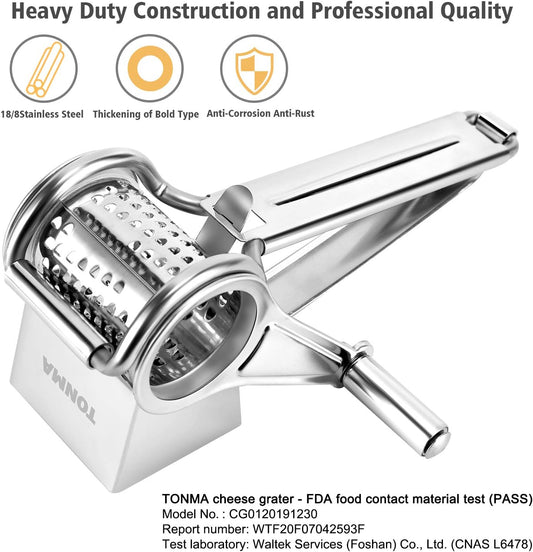 TONMA Multipurpose Rotary Cheese Grater Hand Crank | Cheese Grinder with 1 Stainless Steel Handheld Drum for Parmesan, Pecorino Romano, Mozzarella, Vegetables, Ergonomic Design
