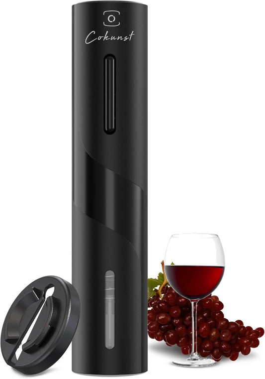 Electric Battery Operated Wine Bottle Opener with Foil Cutter | One-click Button Corkscrew Remover with Blue Led Indicator Light for Home Kitchen Party Wedding Black