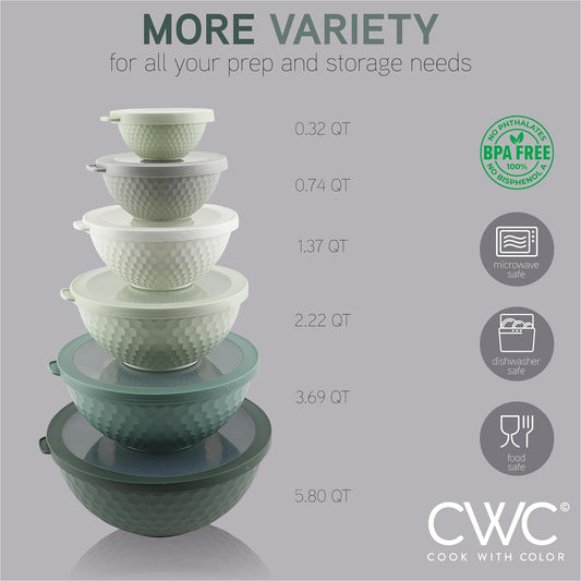Mixing Bowls with Lids - 12 Piece Plastic Nesting Bowls Set includes 6 Prep Bowls and 6 Lids, Microwave Safe Mixing Bowl Set, Sage Embossed - Colors B