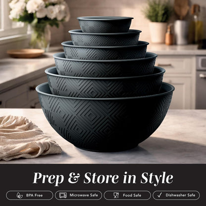 Mixing Bowls with Lids - 12 Piece Plastic Nesting Bowls Set includes 6 Prep Bowls and 6 Lids, Microwave Safe Mixing Bowl Set, Sage Embossed - Colors B