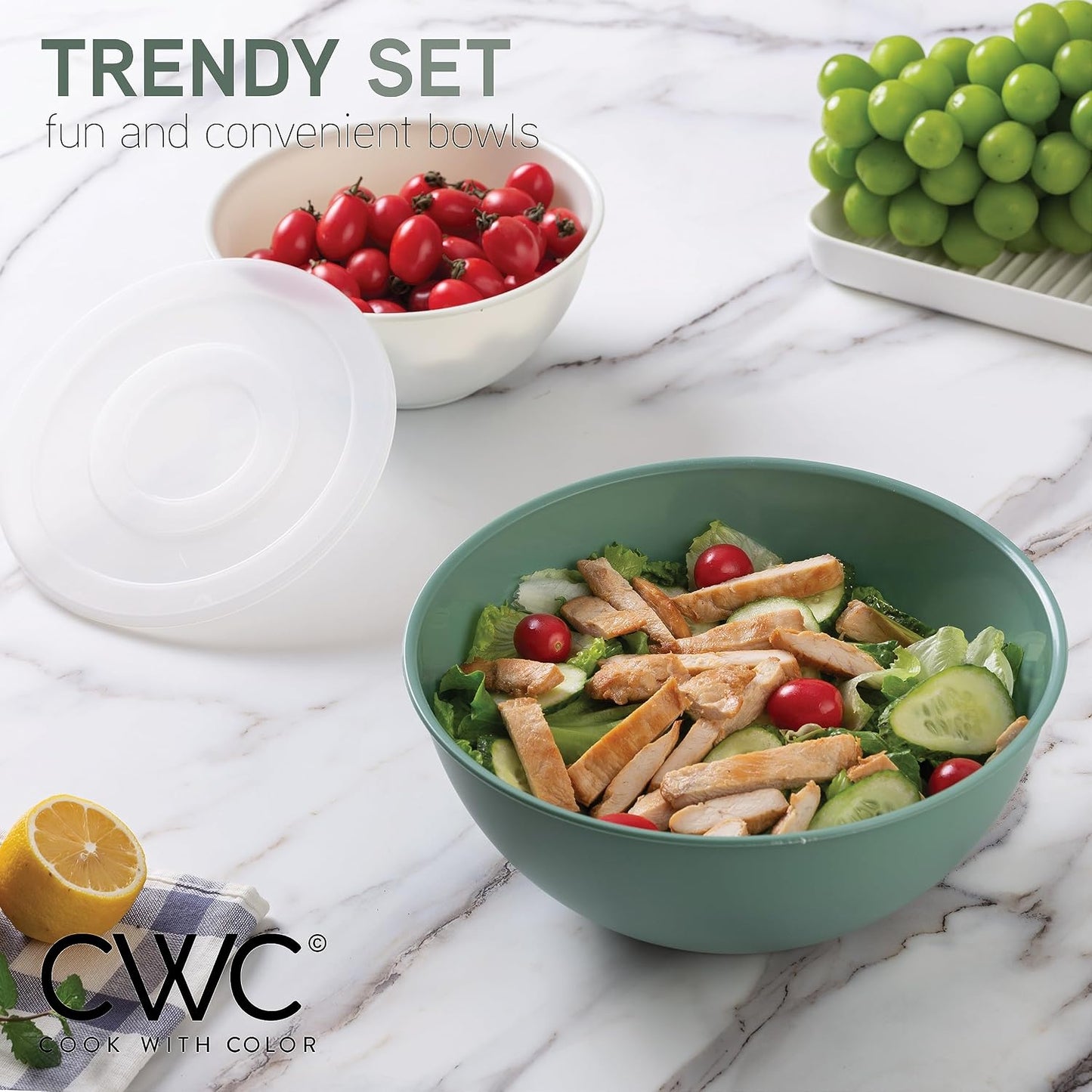 Mixing Bowls with Lids - 12 Piece Plastic Nesting Bowls Set includes 6 Prep Bowls and 6 Lids, Microwave Safe Mixing Bowl Set, Sage Embossed - Colors B