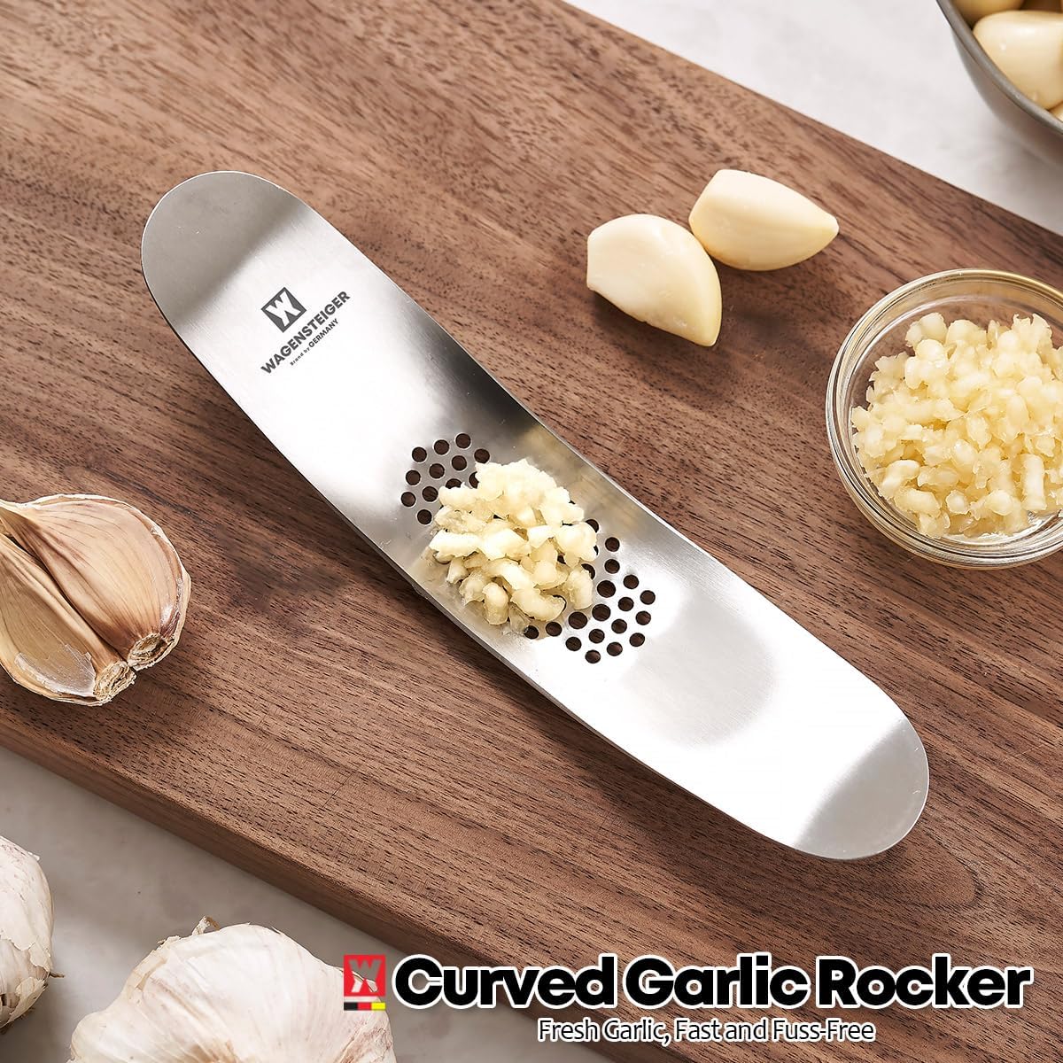 Stainless Steel Curved Garlic Presser or Cheese Grater, Curved Pressing & Grating Motion, Minimalist Design, Stylish Kitchen Essentials 205mm x 48mm / 8.07 inches x 1.89 inches