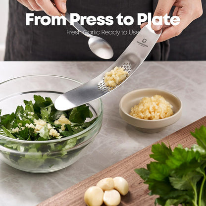 Stainless Steel Curved Garlic Presser or Cheese Grater, Curved Pressing & Grating Motion, Minimalist Design, Stylish Kitchen Essentials 205mm x 48mm / 8.07 inches x 1.89 inches
