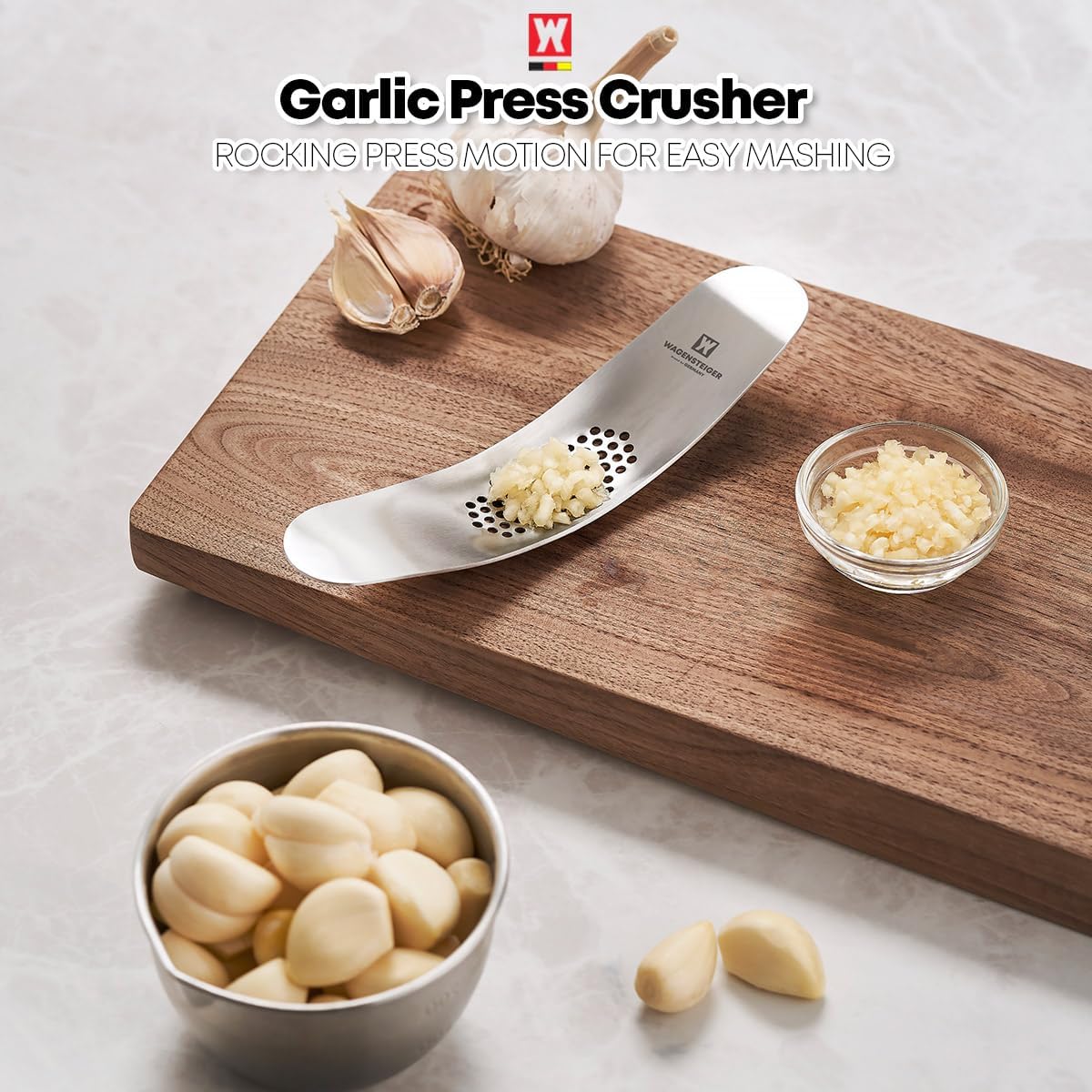 Stainless Steel Curved Garlic Presser or Cheese Grater, Curved Pressing & Grating Motion, Minimalist Design, Stylish Kitchen Essentials 205mm x 48mm / 8.07 inches x 1.89 inches
