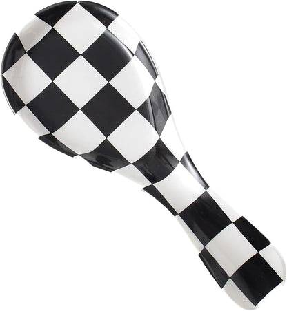 Ceramic Spoon Rest for Stove Top, Checkered Spoon Holder Utensil Rest, Cute Spoon Rests for Coffee Bar Kitchen Decor Cooking Gift for Housewarming (Black)