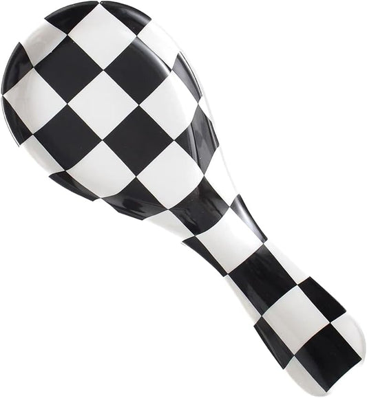 Ceramic Spoon Rest for Stove Top, Checkered Spoon Holder Utensil Rest, Cute Spoon Rests for Coffee Bar Kitchen Decor Cooking Gift for Housewarming (Black)
