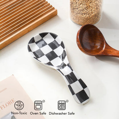 Ceramic Spoon Rest for Stove Top, Checkered Spoon Holder Utensil Rest, Cute Spoon Rests for Coffee Bar Kitchen Decor Cooking Gift for Housewarming (Black)