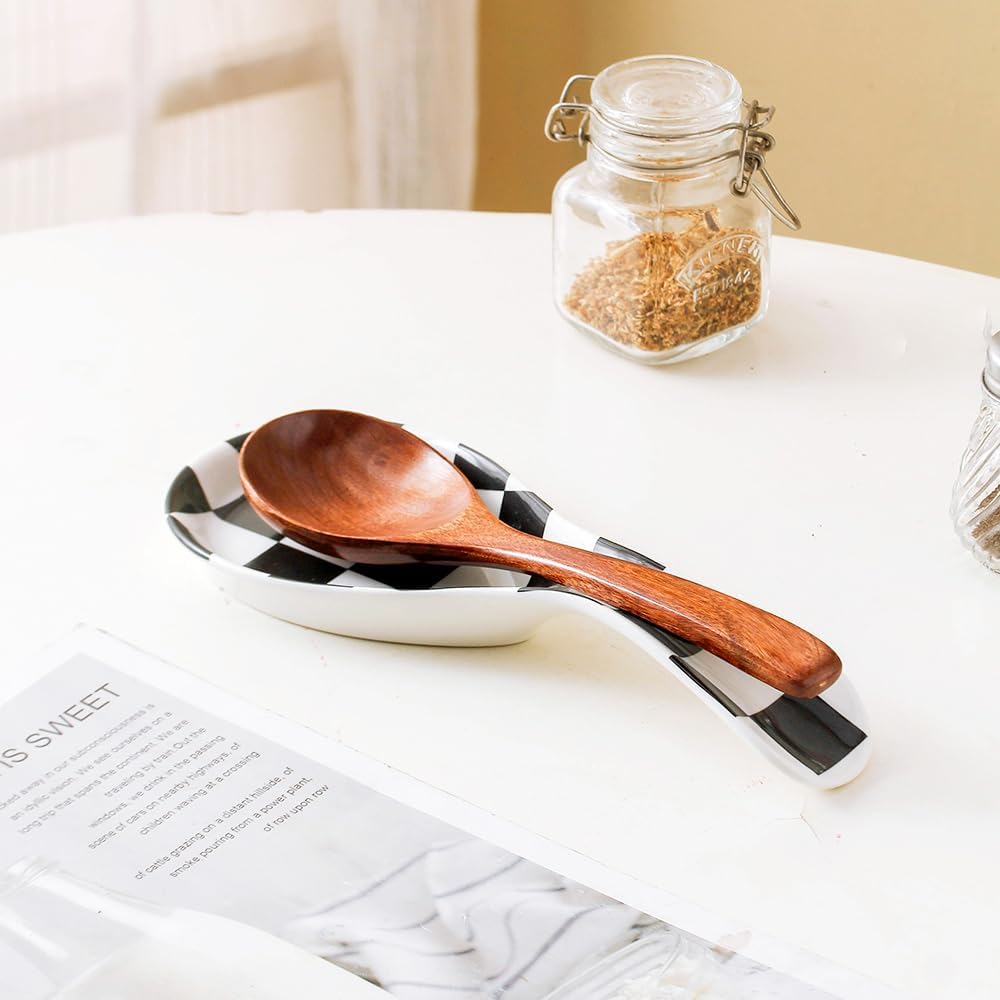 Ceramic Spoon Rest for Stove Top, Checkered Spoon Holder Utensil Rest, Cute Spoon Rests for Coffee Bar Kitchen Decor Cooking Gift for Housewarming (Black)