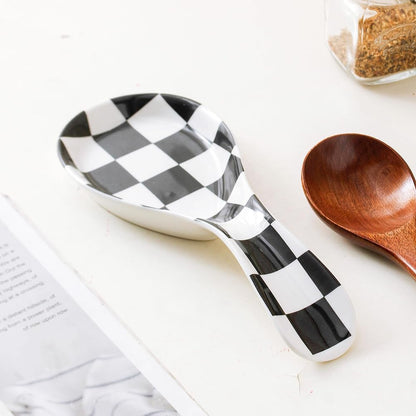 Ceramic Spoon Rest for Stove Top, Checkered Spoon Holder Utensil Rest, Cute Spoon Rests for Coffee Bar Kitchen Decor Cooking Gift for Housewarming (Black)