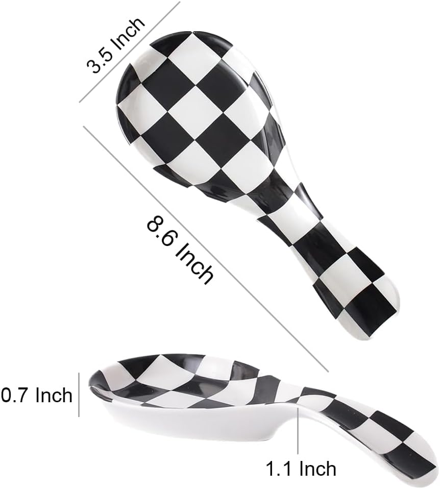 Ceramic Spoon Rest for Stove Top, Checkered Spoon Holder Utensil Rest, Cute Spoon Rests for Coffee Bar Kitchen Decor Cooking Gift for Housewarming (Black)