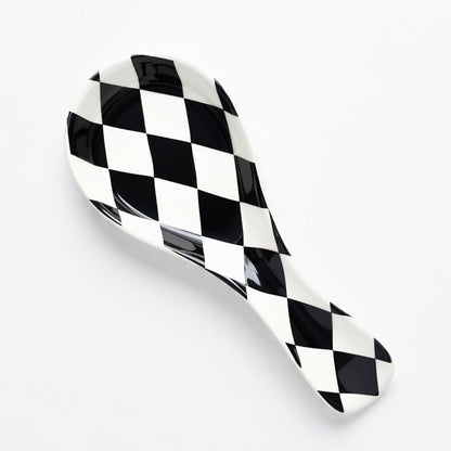 Ceramic Spoon Rest for Stove Top, Checkered Spoon Holder Utensil Rest, Cute Spoon Rests for Coffee Bar Kitchen Decor Cooking Gift for Housewarming (Black)