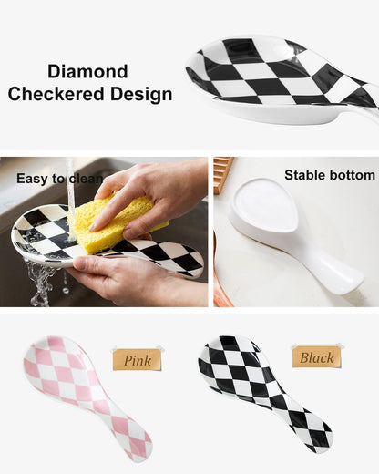 Ceramic Spoon Rest for Stove Top, Checkered Spoon Holder Utensil Rest, Cute Spoon Rests for Coffee Bar Kitchen Decor Cooking Gift for Housewarming (Black)
