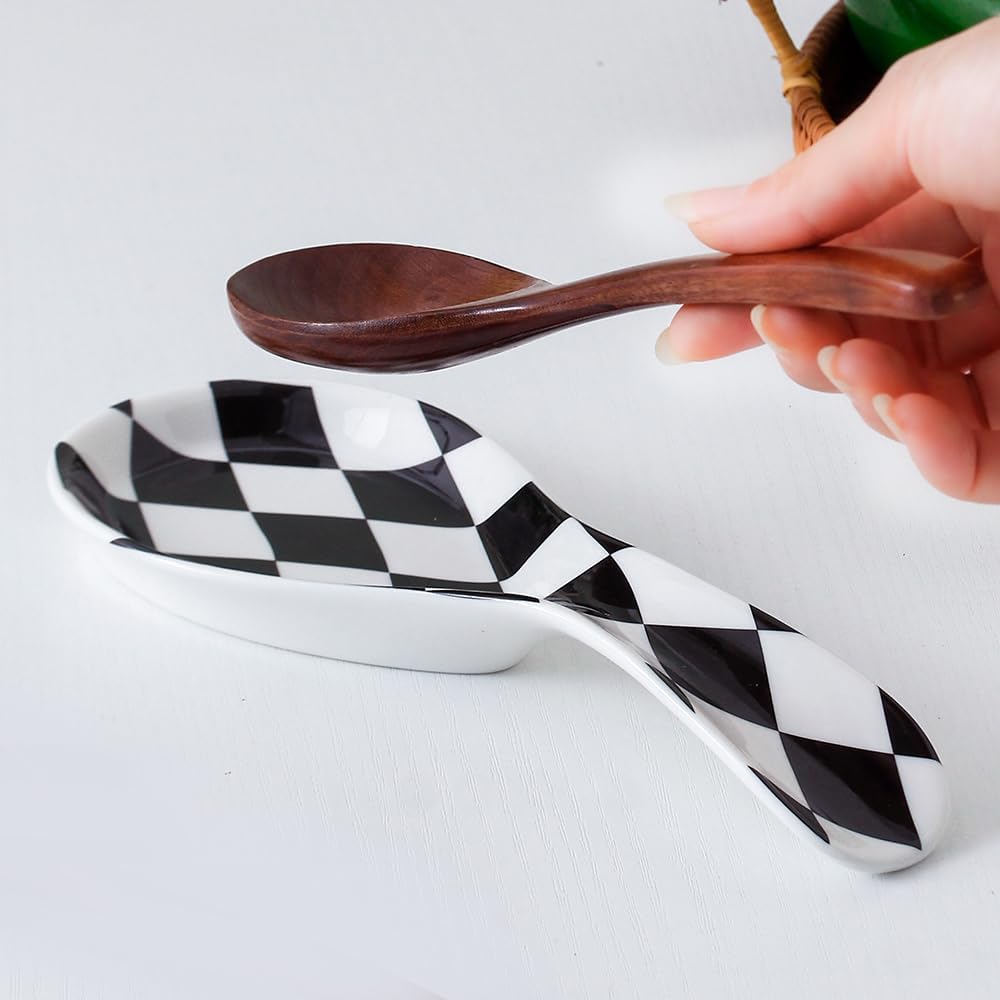 Ceramic Spoon Rest for Stove Top, Checkered Spoon Holder Utensil Rest, Cute Spoon Rests for Coffee Bar Kitchen Decor Cooking Gift for Housewarming (Black)