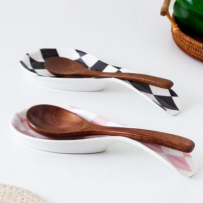 Ceramic Spoon Rest for Stove Top, Checkered Spoon Holder Utensil Rest, Cute Spoon Rests for Coffee Bar Kitchen Decor Cooking Gift for Housewarming (Black)