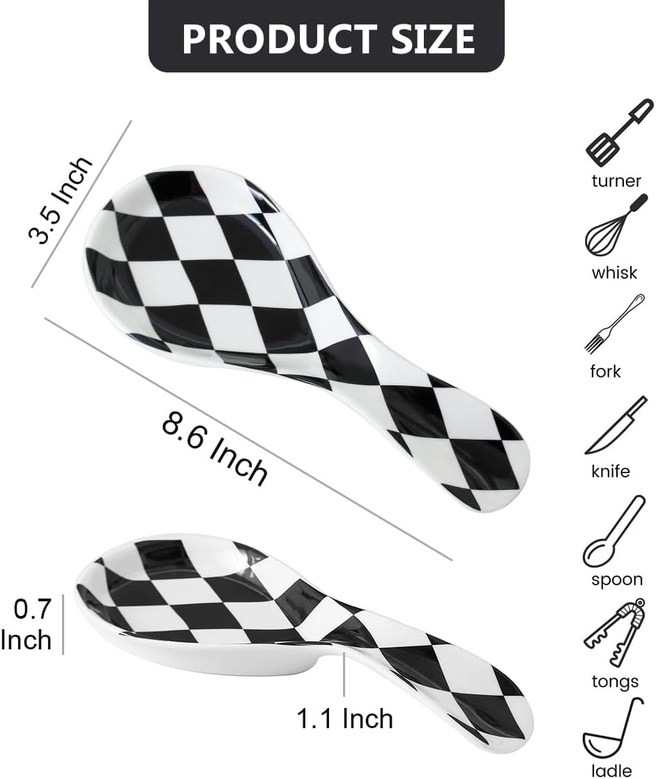 Ceramic Spoon Rest for Stove Top, Checkered Spoon Holder Utensil Rest, Cute Spoon Rests for Coffee Bar Kitchen Decor Cooking Gift for Housewarming (Black)