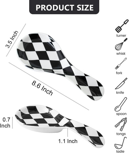 Ceramic Spoon Rest for Stove Top, Checkered Spoon Holder Utensil Rest, Cute Spoon Rests for Coffee Bar Kitchen Decor Cooking Gift for Housewarming (Black)