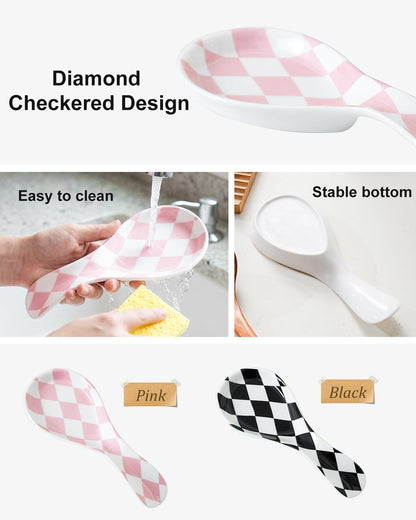 Ceramic Spoon Rest for Stove Top, Checkered Spoon Holder Utensil Rest, Cute Spoon Rests for Coffee Bar Kitchen Decor Cooking Gift for Housewarming (Black)