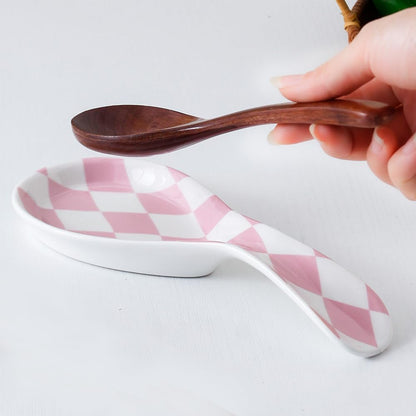Ceramic Spoon Rest for Stove Top, Checkered Spoon Holder Utensil Rest, Cute Spoon Rests for Coffee Bar Kitchen Decor Cooking Gift for Housewarming (Black)