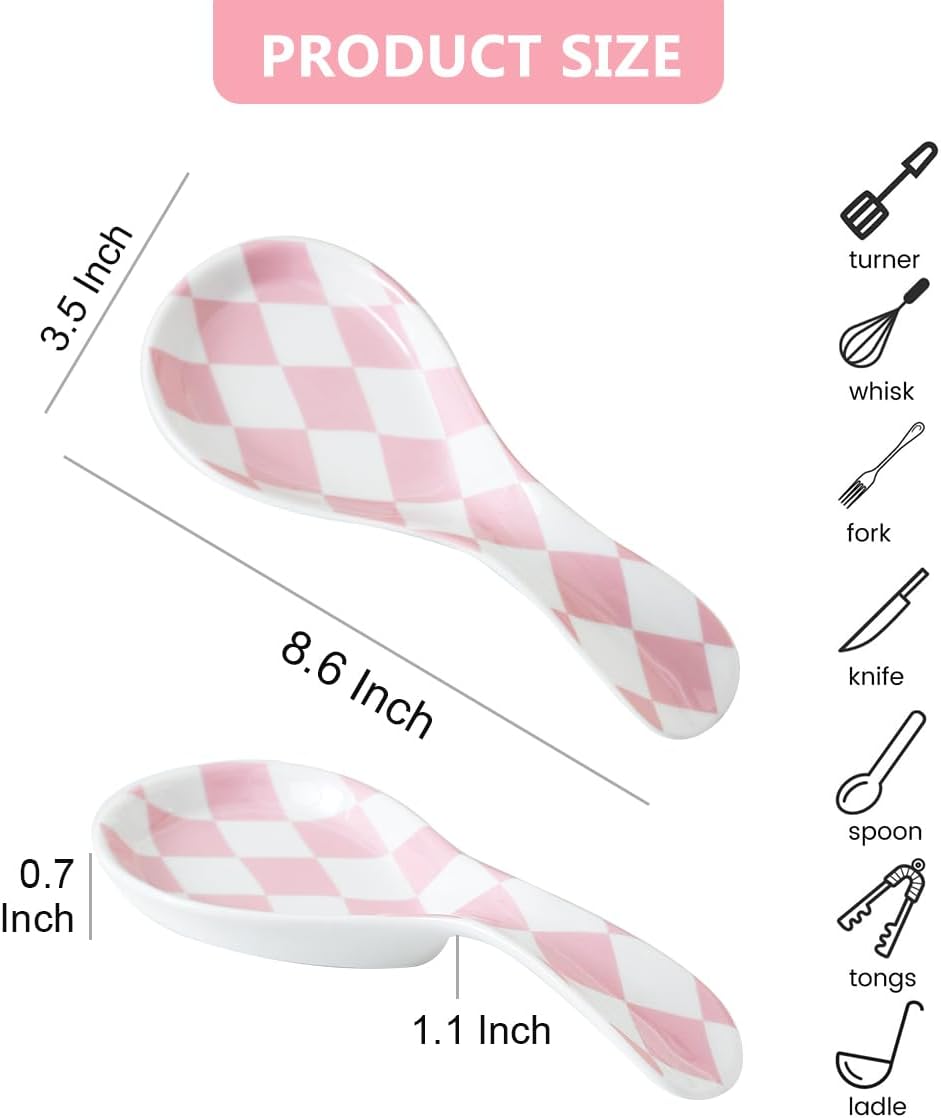 Ceramic Spoon Rest for Stove Top, Checkered Spoon Holder Utensil Rest, Cute Spoon Rests for Coffee Bar Kitchen Decor Cooking Gift for Housewarming (Black)