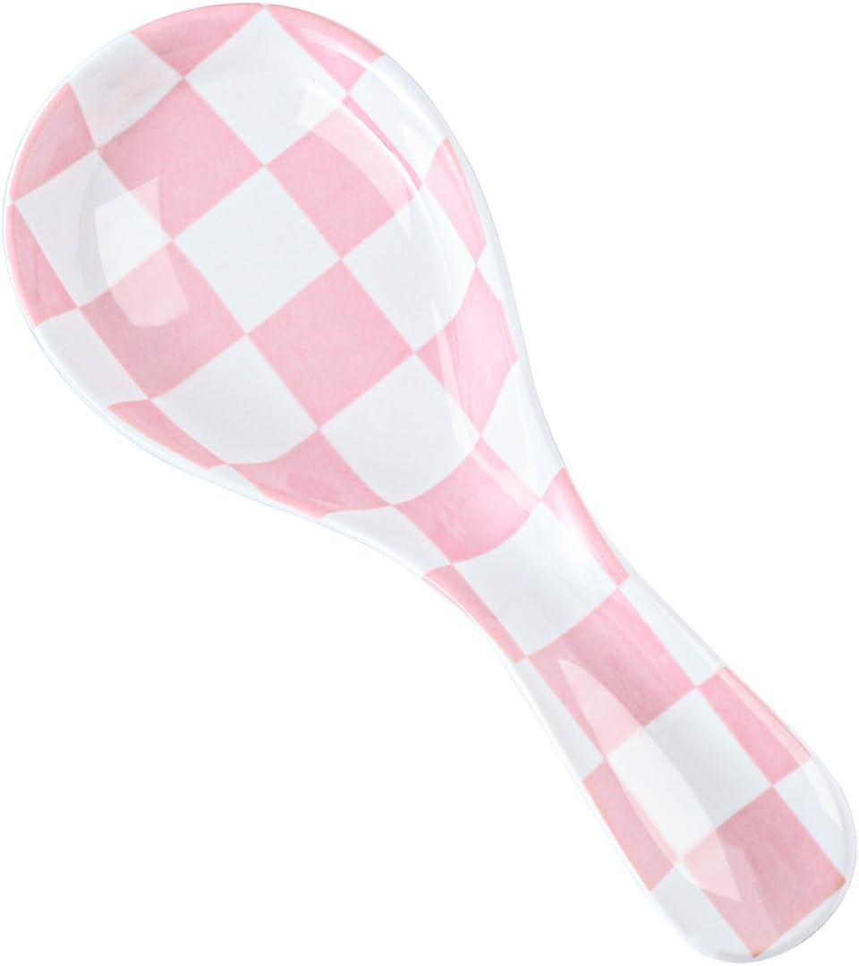Ceramic Spoon Rest for Stove Top, Checkered Spoon Holder Utensil Rest, Cute Spoon Rests for Coffee Bar Kitchen Decor Cooking Gift for Housewarming (Black)