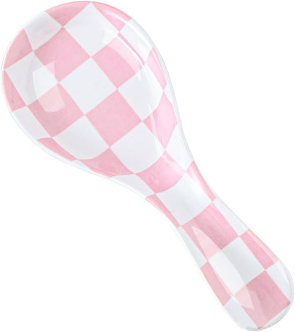 Ceramic Spoon Rest for Stove Top, Checkered Spoon Holder Utensil Rest, Cute Spoon Rests for Coffee Bar Kitchen Decor Cooking Gift for Housewarming (Black)