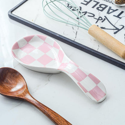 Ceramic Spoon Rest for Stove Top, Checkered Spoon Holder Utensil Rest, Cute Spoon Rests for Coffee Bar Kitchen Decor Cooking Gift for Housewarming (Black)